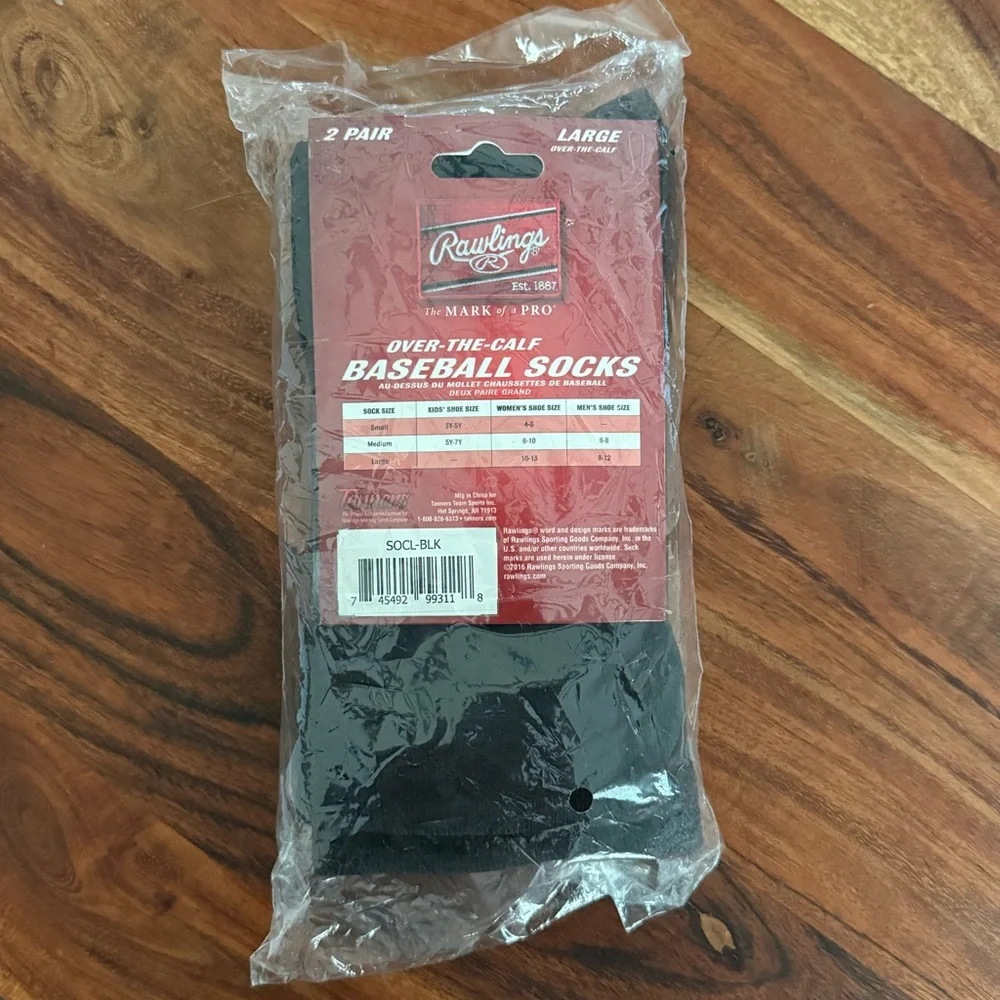 Rawlings Over-The-Calf Baseball Socks‎ Black Large - 2 Pairs